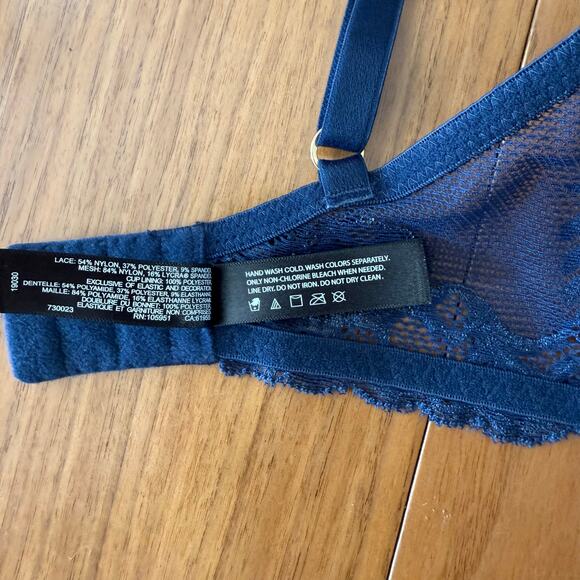 Natori Bra 32DD Feathers Plunge T Shirt Navy Gray Underwire Lace 730023 - Picture 11 of 13